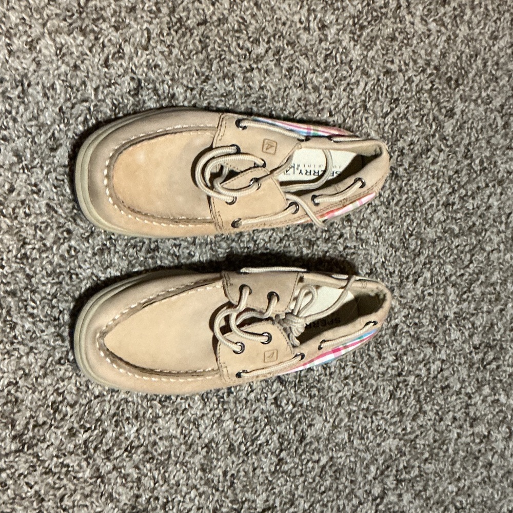 Sperry Kids Tan Suede Moccasin Boat Shoes with Stripe Accent